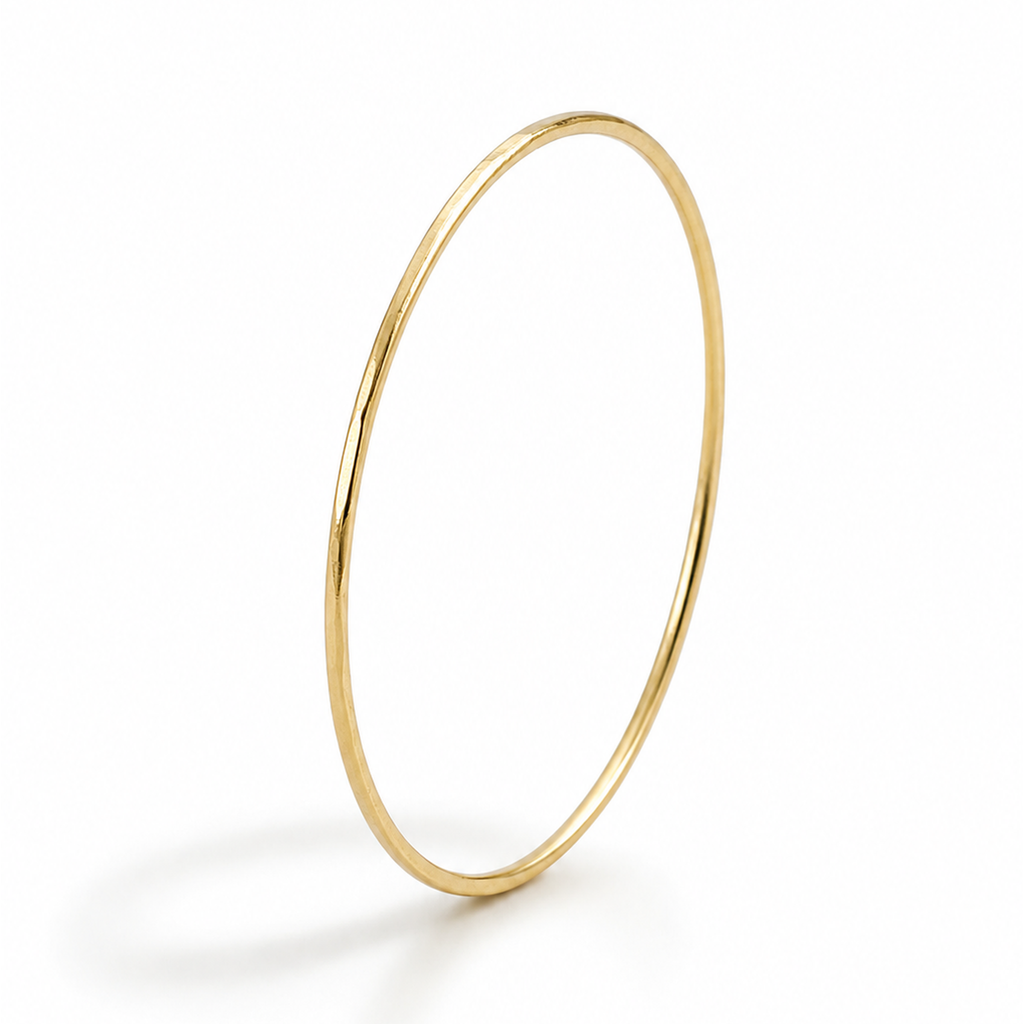 9ct yellow gold hammered stacking ring, 1mm diameter