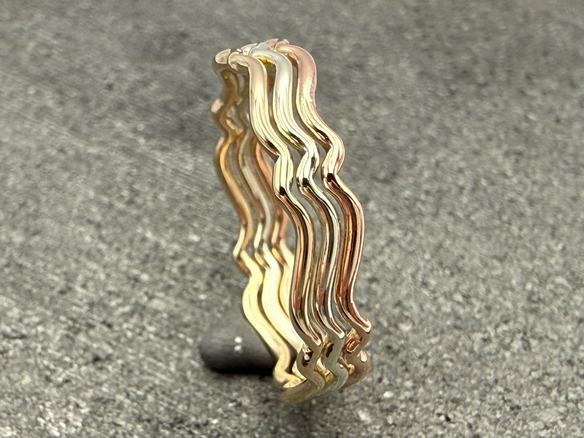 9ct gold wavy stacking ring 1mm and 1.2mm thickness comparison