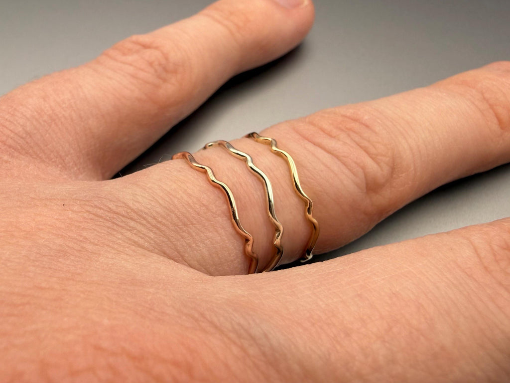 9ct gold wavy stacking ring in yellow, rose and white gold